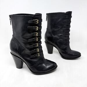 [B. Makowsky] Black Collin Buckle Detail Leather Boots Victorian Steampunk Sz 10